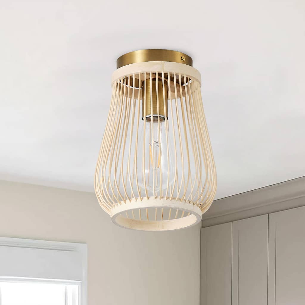 Farmhouse Brushed Gold Metal 1-Light Rattan Flush Mount Ceiling Light for Bedroom Kitchen Hallway