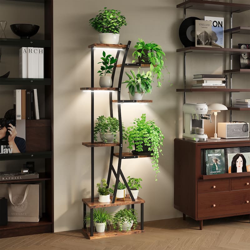 Plant Stand with Grow Lights, Indoor Plant Stand with Curved Corner, 8 Tiered Plant Shelf Indoor, Tall Plant Stands Indoor