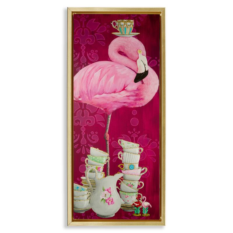Stupell Flamingo with Antique Teacups Framed Floater Canvas Wall Art Design By Heather Gauthier - 11 x 25 - Gold