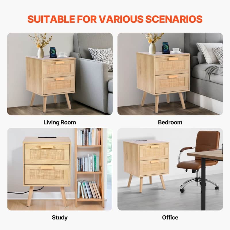 Natural Wooden Nightstand Side End Table with 2 Rattan Decorated Storage Drawers and USB Ports