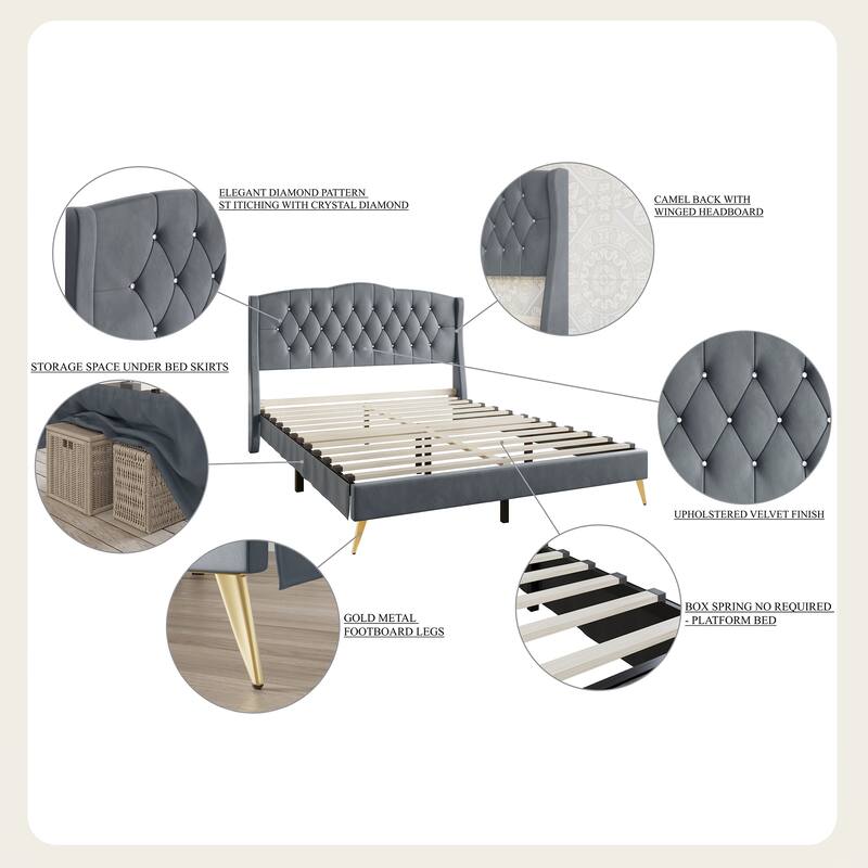CraftPorch Velvet Diamond Button Tufted Upholstered Platform Bed