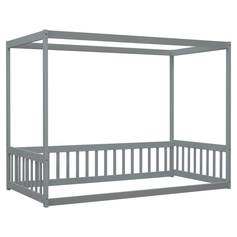 Wood Canopy Frame Floor Bed with Fence,Guardrails