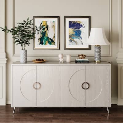 59.84" Champagne Silver Lacquered 4 Door Wooden Cabinet - 59.84 inches L x 15.74 inches W x 31 inches H