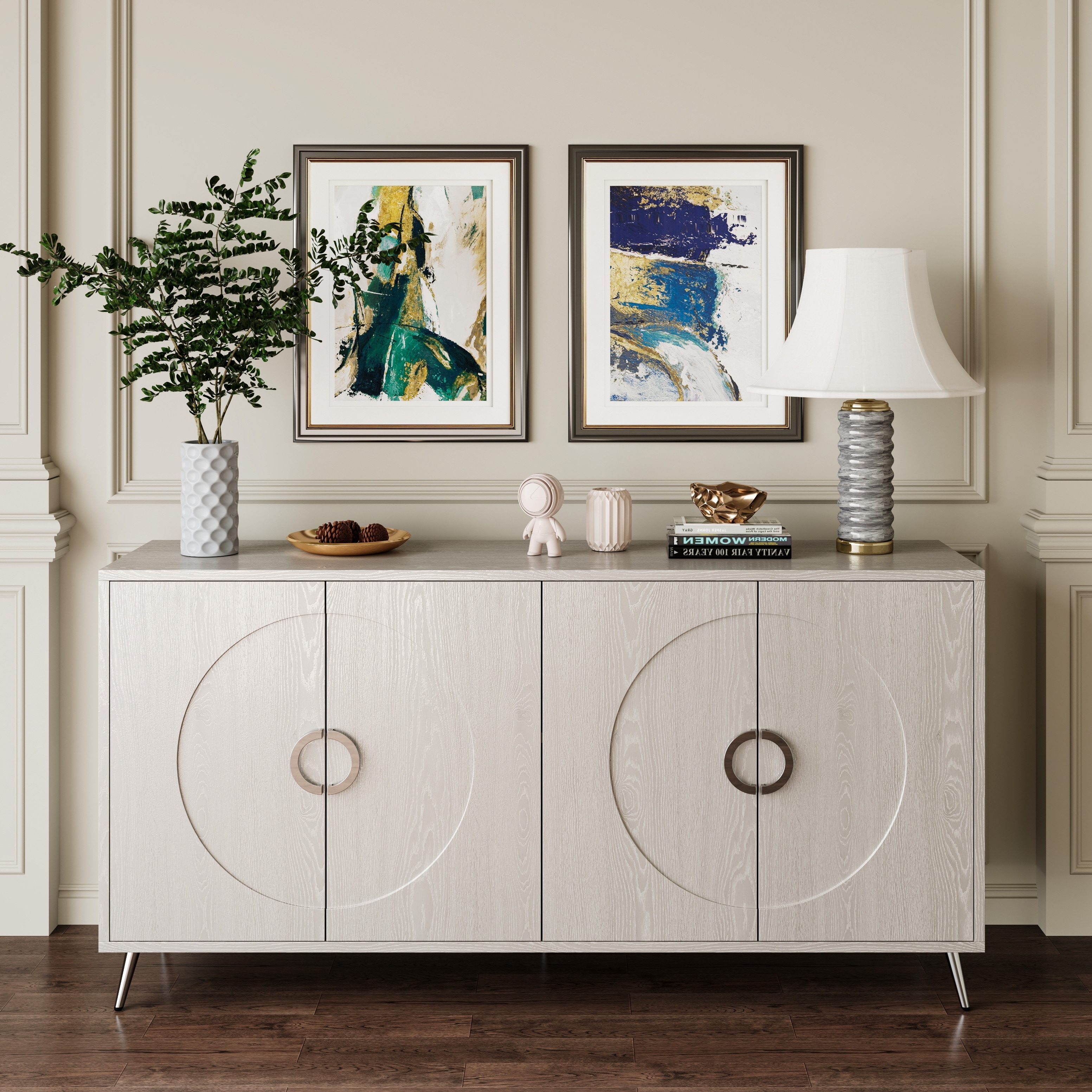 Wooden Cabinet with 4 Door, Kitchen Buffet Cabinet with Metal Handles and Legs, Storage Cabinet with Adjustable Shelf