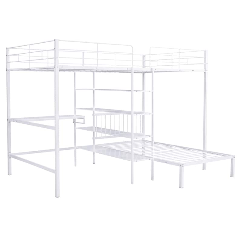 Full Over Twin Bunk Bed with Built-in Desk & Ladder, Space-Saving Metal Bunk Bed Frame w/Storage Shelves for Kids Teens Bedroom