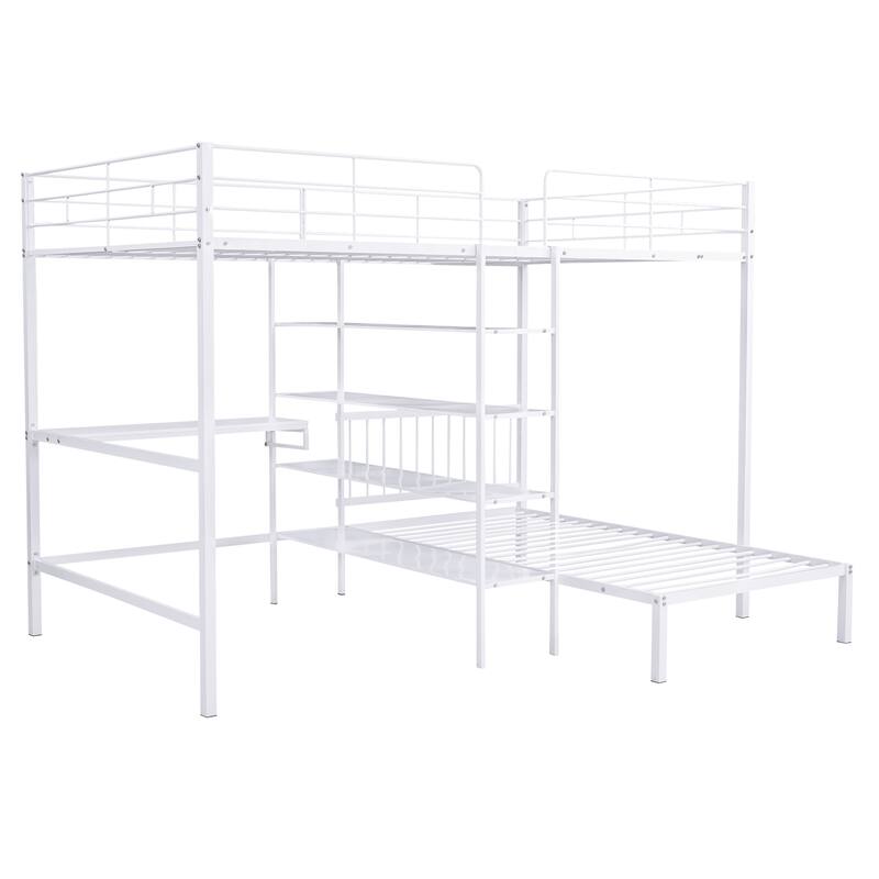 Full Over Twin Metal Bunk Bed with Built-in Desk, Shelves and Ladder - Space-Saving Design