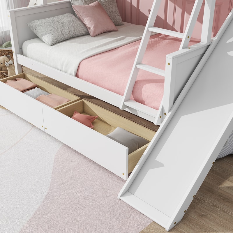 Rubber Wood Bunk Bed with 2 Drawers,Slide and Shelves,Twin over Full