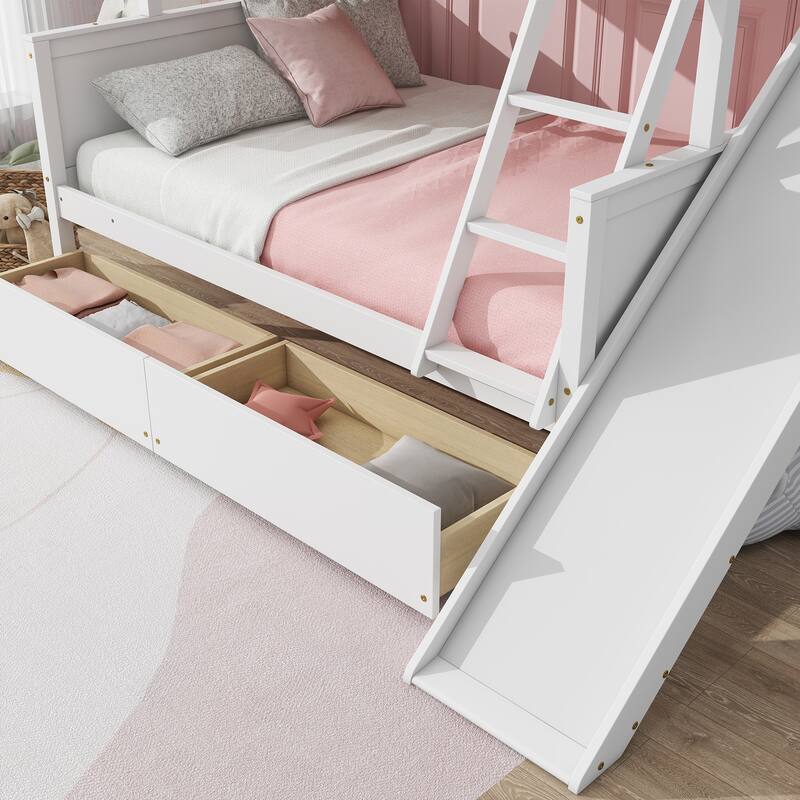 Twin Over Full Bunk Bed with Slide, Storage Drawers & Shelves, Rubber Wood Frame