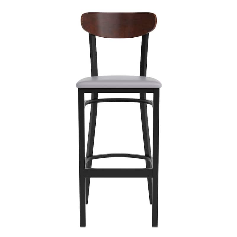 Commercial Metal Barstool with Wood Seat and Boomerang Back