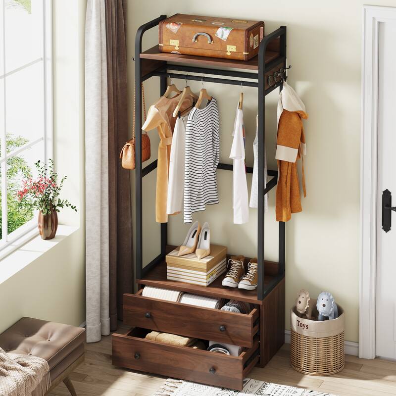 Clothes Shelf Coat Garment Rack Closet Organizer System with Drawers - Walnut+Black