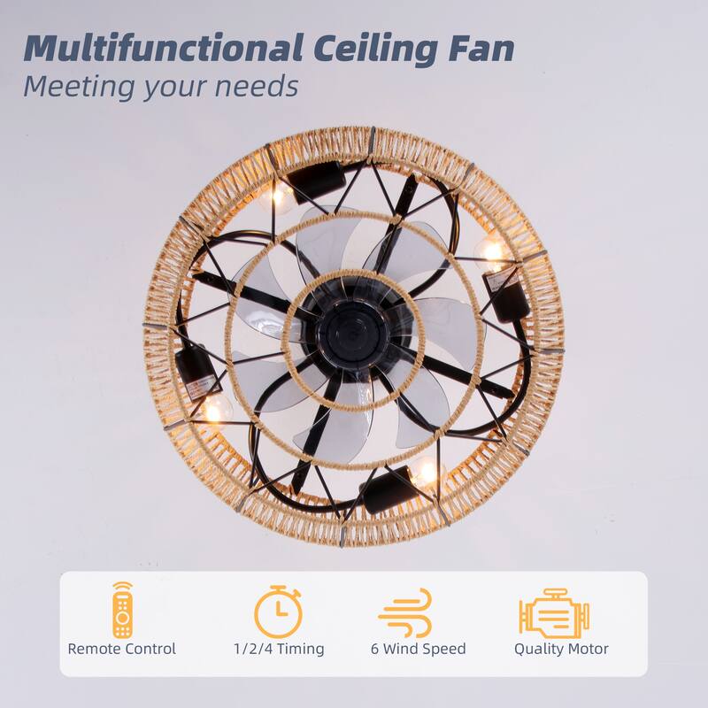 19 in. Rattan Indoor Ceiling Fan with Lights, 6-Speed Remote Control and DC Motor for Small Bedroom