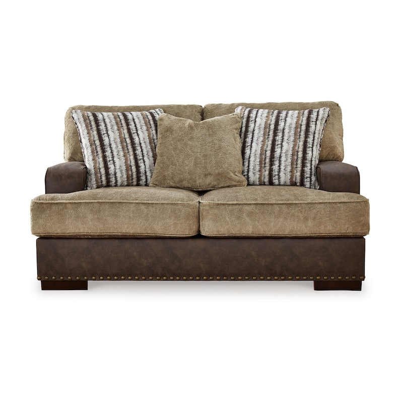 Srie 68 Inch Loveseat, Nailhead Trim, 3 Accent Pillows, Faux Leather, Brown