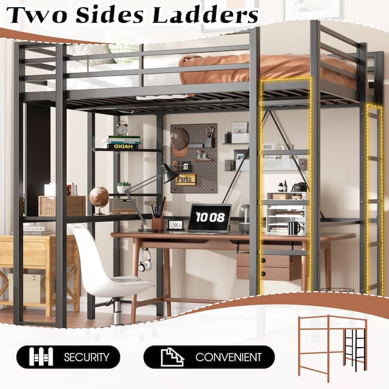 Futzca High Loft Bed Frame with Desk, Twin/Full Size Bunk Bed