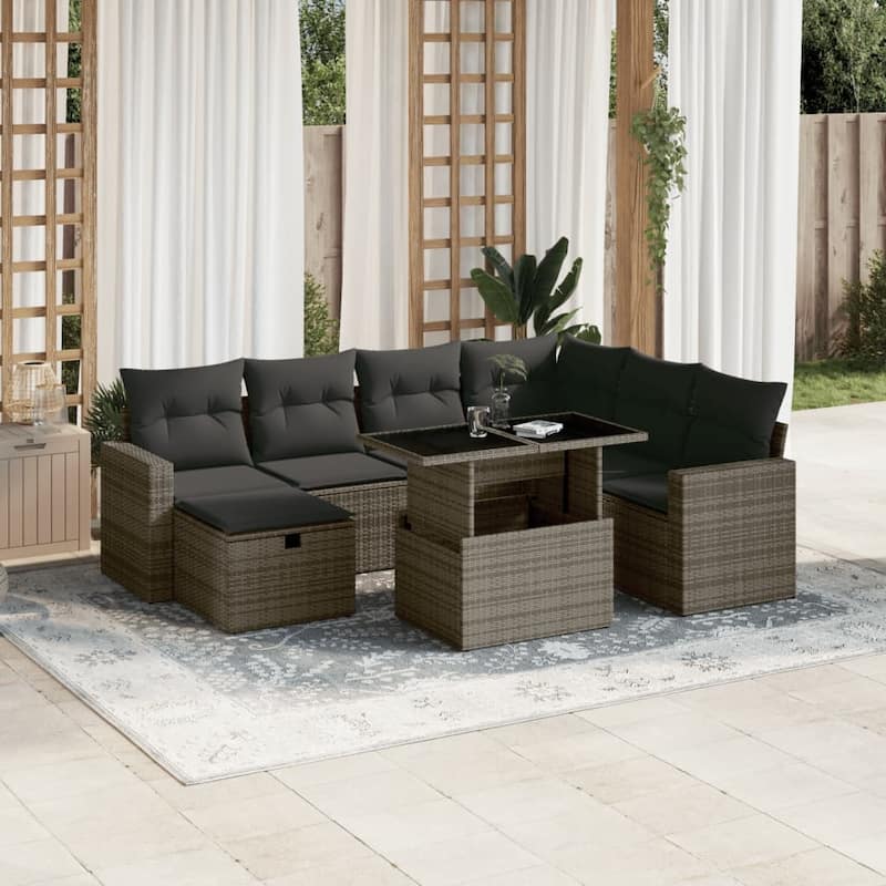 vidaXL Patio Sofa Set with Cushions Outdoor Furniture 8 Piece Poly Rattan - Grey - 21.7 x 39.4 x 28.7 in