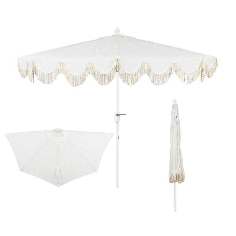9ft Half Market Umbrella, Scalloped, Crank, Tilt, UV, by JONATHAN Y - Cream/White Pole