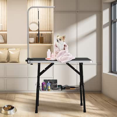 36" Foldable Dog Grooming Table with Adjustable Arm, Non-Slip Desktop, Storage Tray& Noose, Black