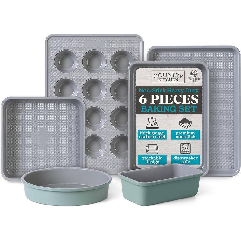 Country Kitchen Nonstick Heavy Duty Stackable Bakeware Set - Durable, Easy Release Baking Set, 6 Pcs - Sage