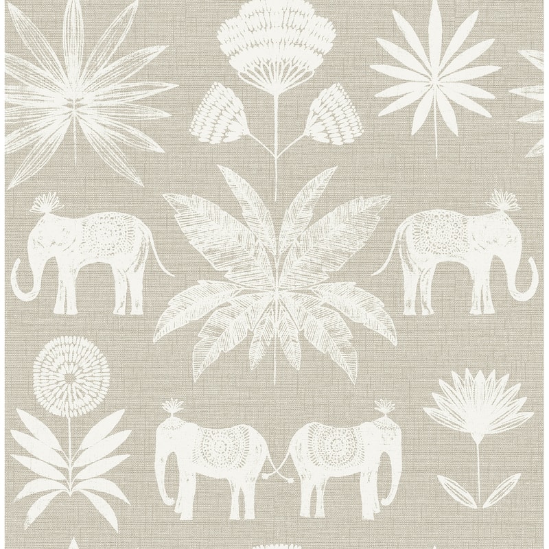 A-Street Prints Bazaar Light Grey Elephant Oasis Wallpaper