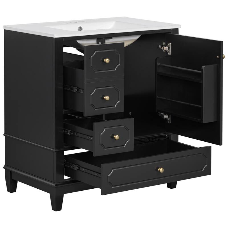 30" Bathroom Vanity with Sink, Ceramic Basin 3 Drawers Soft Close