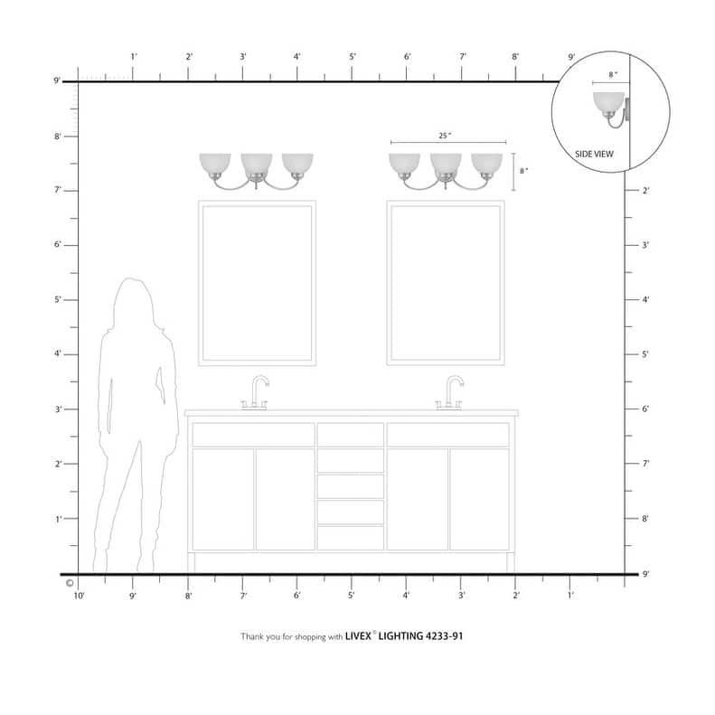 Livex Lighting 3 Light Brushed Nickel Bath Vanity, 4233-91 - 25" W X 8" H X 8" EXT
