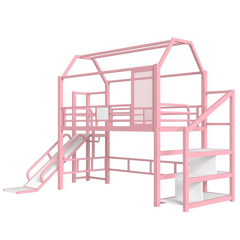 Twin House Loft bed with Slide and Stairs, Metal Playhouse Bed with Storage Shelves, House-shaped Roof and Noise-free Design