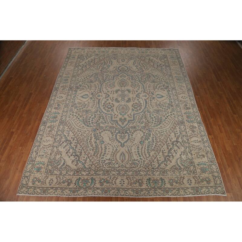 Traditional Beige Tabriz Persian Area Rug Handmade Wool Carpet - 10'3"x 12'8"