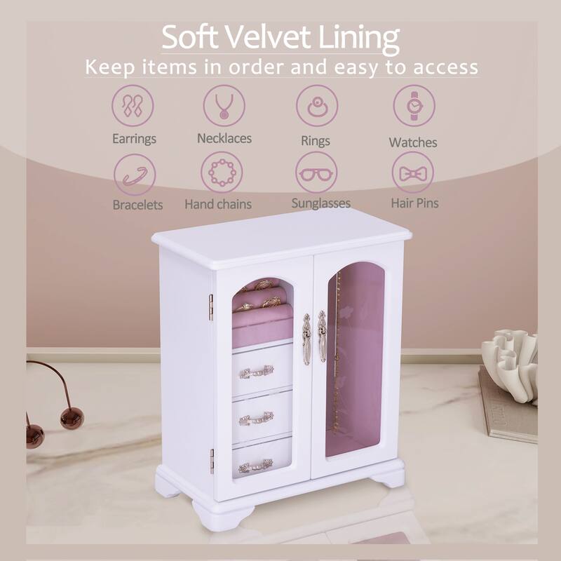 Elegant Jewelry Storage Boxes for Women , White Jewelry Wood Organizer box with Pink Interior - 10*5.2*11.7 IN
