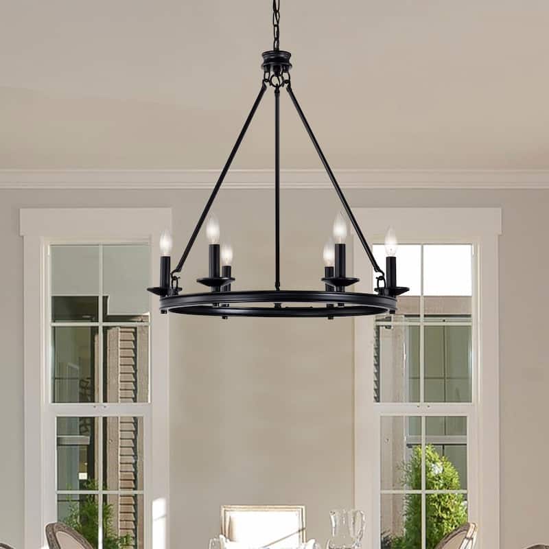 Leontia 25 Inch Mid-Century Modern Wagon Wheel Style Matte Black Finish Ceiling Lighted Candle Chandelier 6-Light