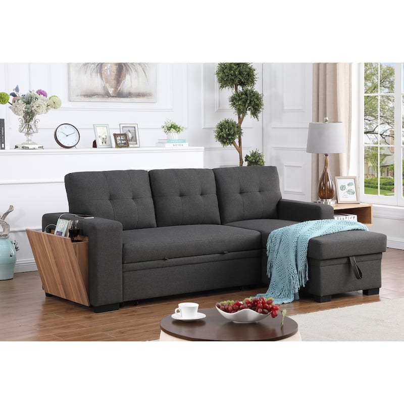 Linen L-Shaped Convertible Sectional Sofa Bed with Storage and Wooden Accent