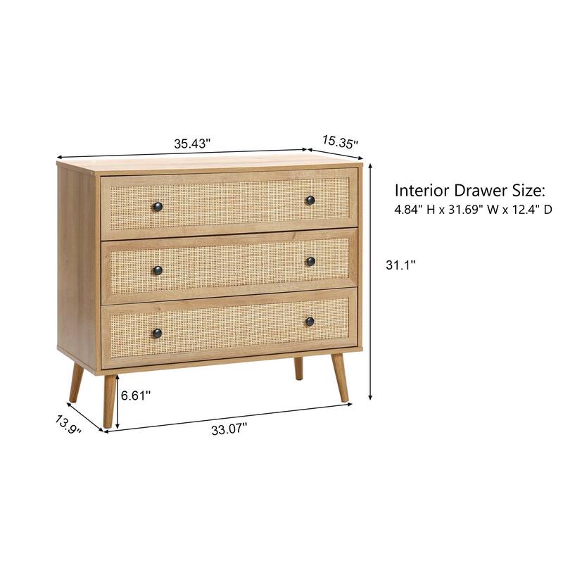 35" Wide 3-Drawer Rattan Light Oak Finish Wood Dresser