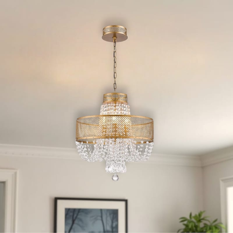 HomeRoots Gold Four Light Metal and Crystals Dimmable Chandelier With Shades - 18' X '20.5' X '18 - 18' X '20.5' X '18