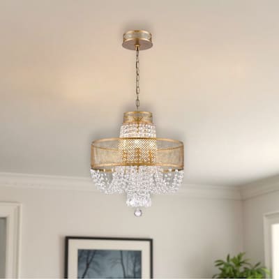 HomeRoots Gold Four Light Metal and Crystals Dimmable Chandelier With Shades - 18' X '20.5' X '18