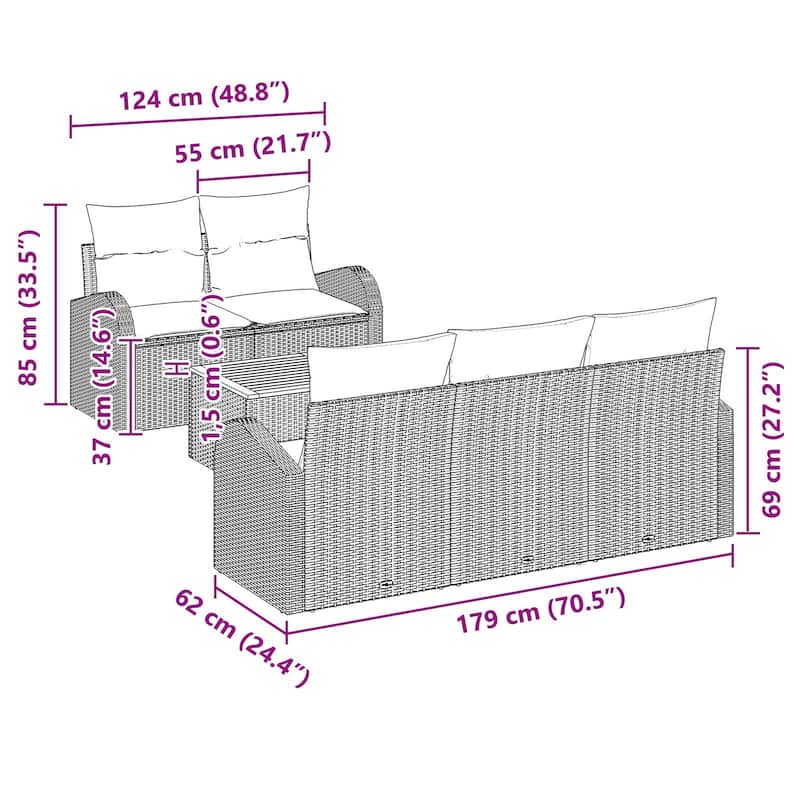 vidaXL 6 Garden Sofa Set with Cushions Black/Grey Poly Rattan - 70.5 x 24.4 x 27.2