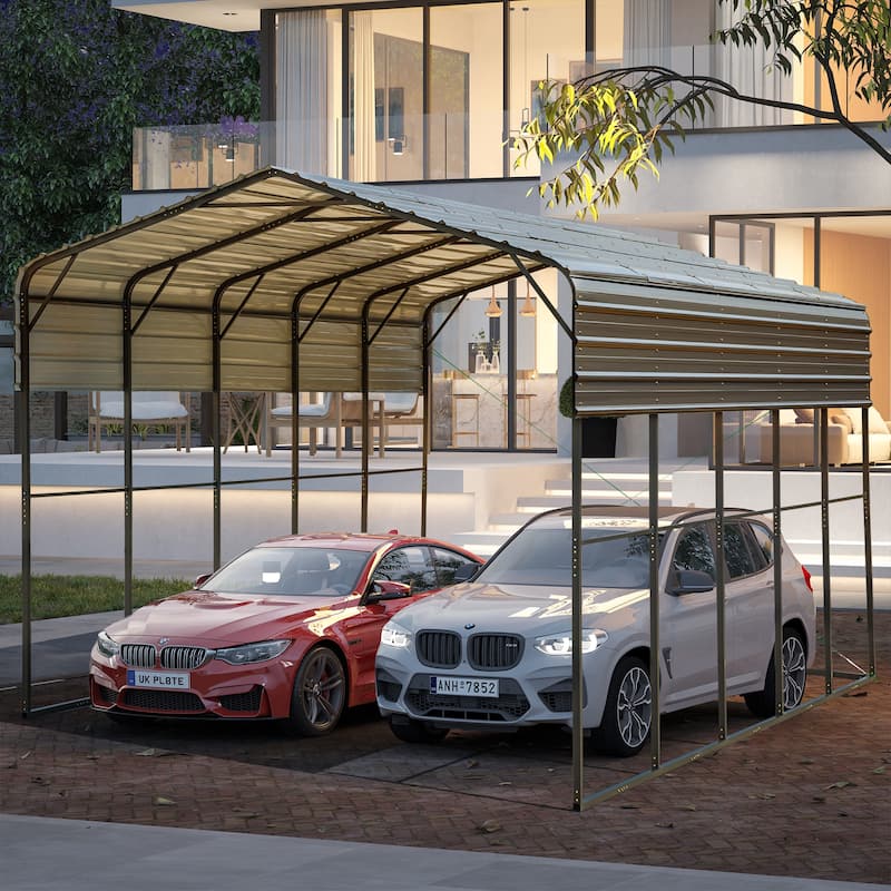 Heavy-Duty Metal Carport with Upgraded Galvanized Steel Roof – Ideal Shelter for Cars, Boats, and Tractors - 14'x25' - Curved Roof