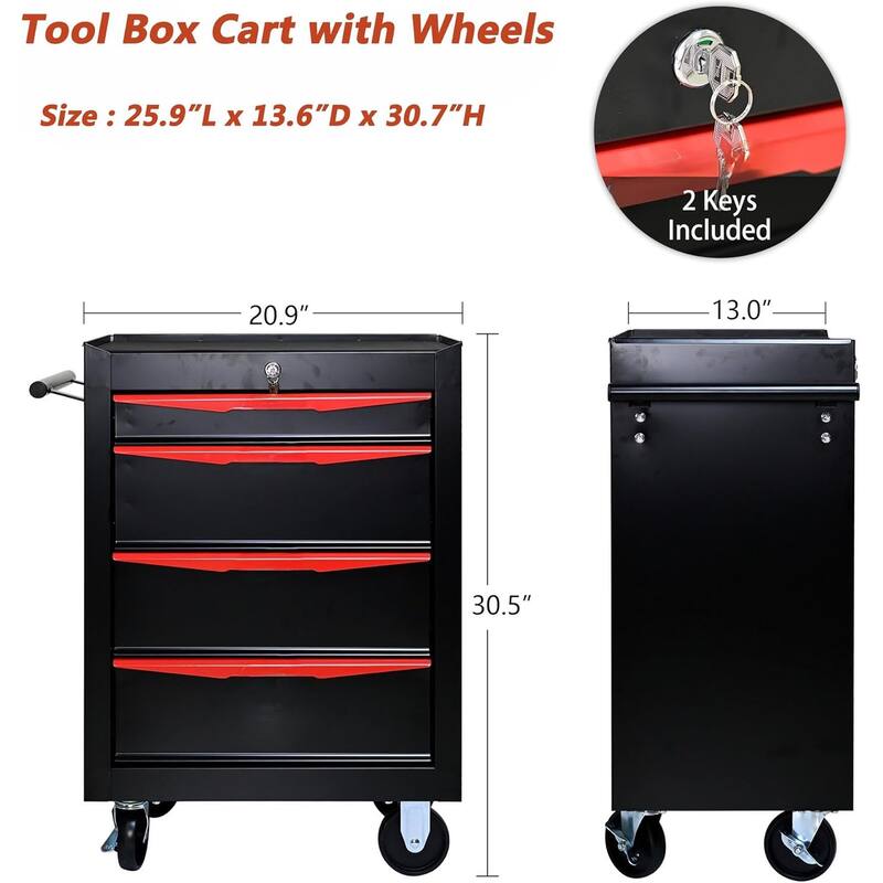 4 Drawer Rolling Tool Chest, 20 Inch Lockable Rolling Tool Box with Wheels, Rolling Garage Workshop Tool Organizer