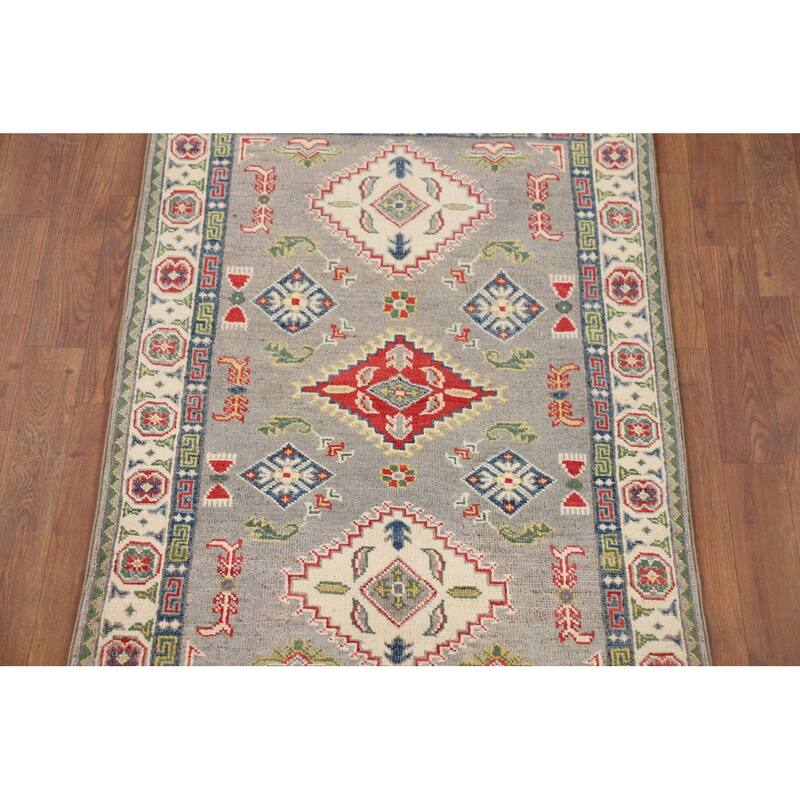 Gray Geometric Kazak Foyer Rug Hand-Knotted Oriental Wool Carpet - 2'8" x 4'1"