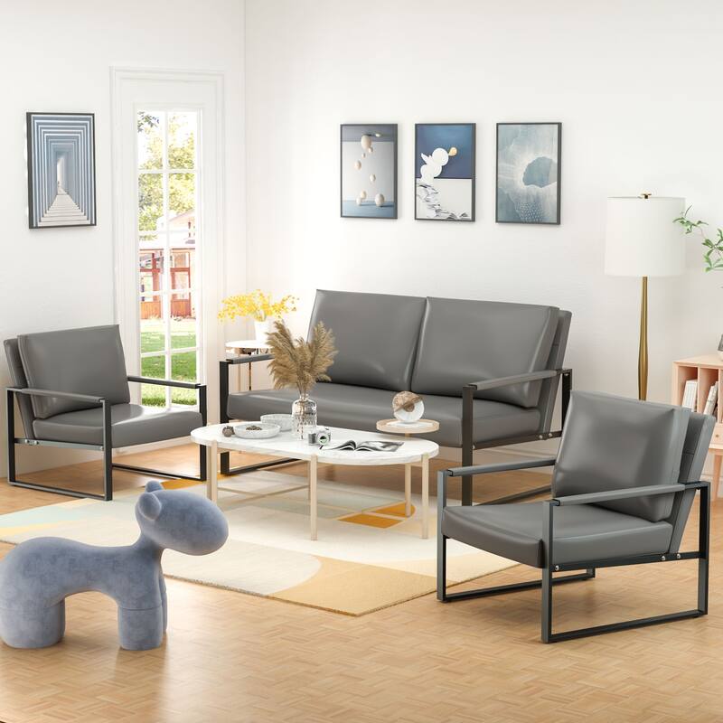 Mieres Mid-Century Style 3-Piece PU Leather Living Room Sofa Set Including 2 Armchairs and 1 Loveseat Sofa