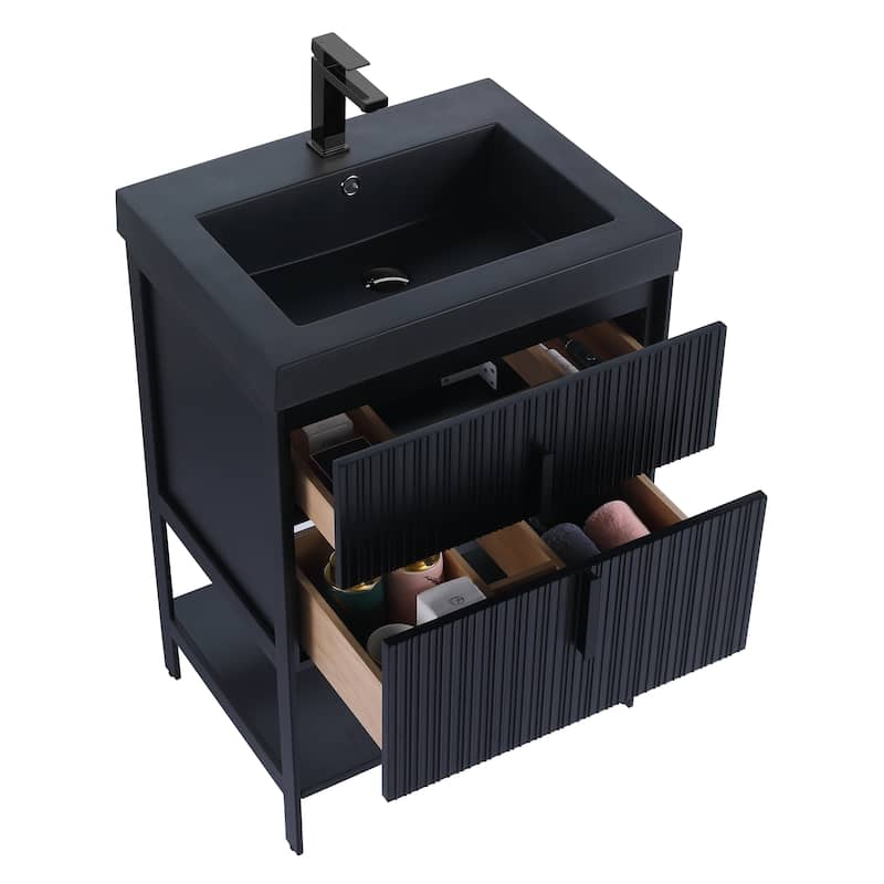 Fine Fixtures Serenity Modern Bathroom Vanity with Black Sintered Stone Top - Black Matte - Black Hardware - 24 inch