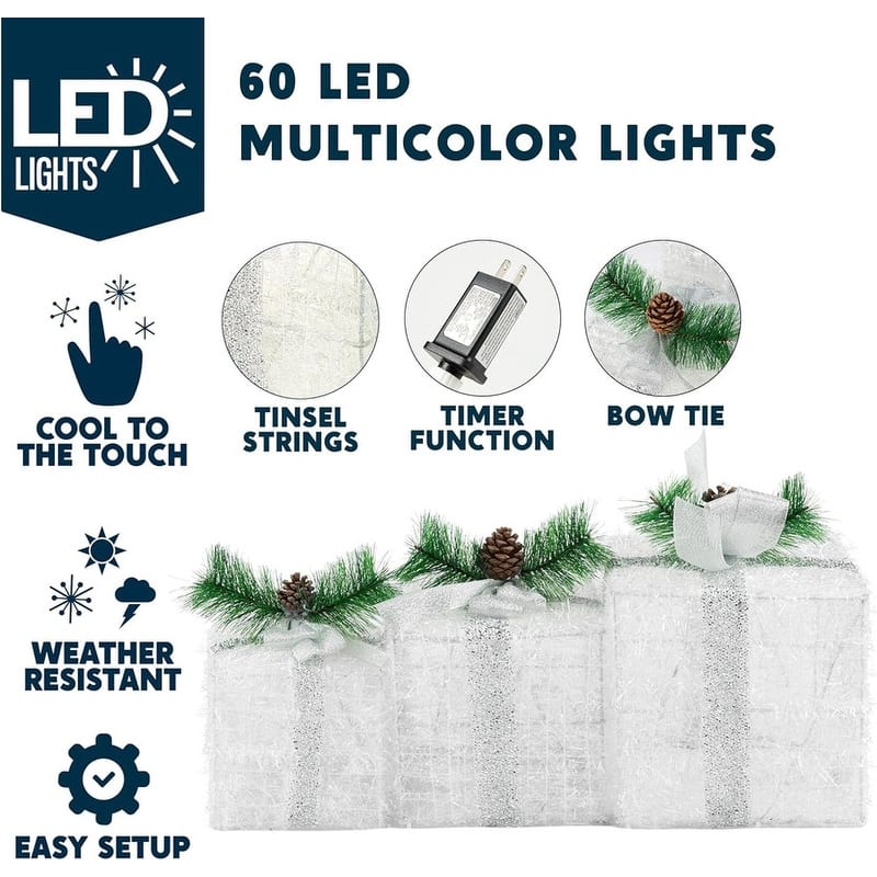 Christmas Lighted Gift Boxes - Set of 3 Iridescent Present Boxes for Indoor Holiday Décor