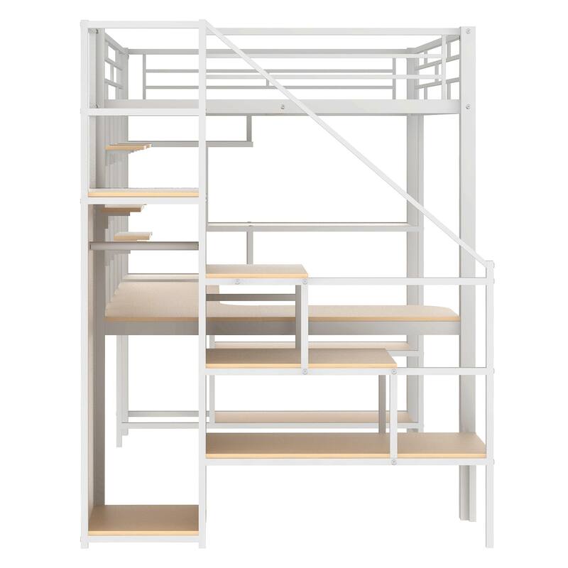 Full Size Metal Loft Bed with Storage Staircase, Built-in Desk, Wardrobe, and Shelves, White