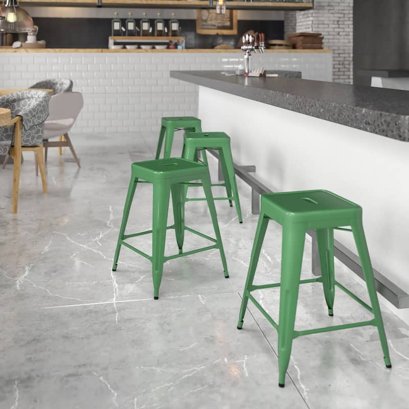 24" High Backless Metal Indoor-Outdoor Counter Height Stool w/Square Seat