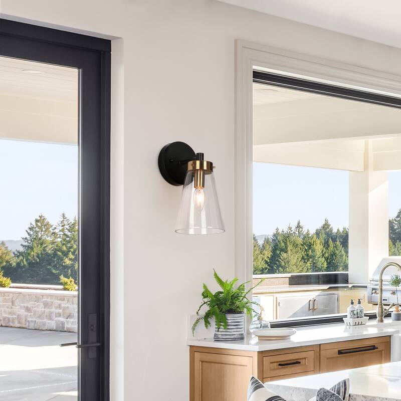 Glint 1-Light Black Gold Armed Wall Sconce Clear Glass Bathroom Vanity Light - 5'' L x 6.5'' W x 10'' H