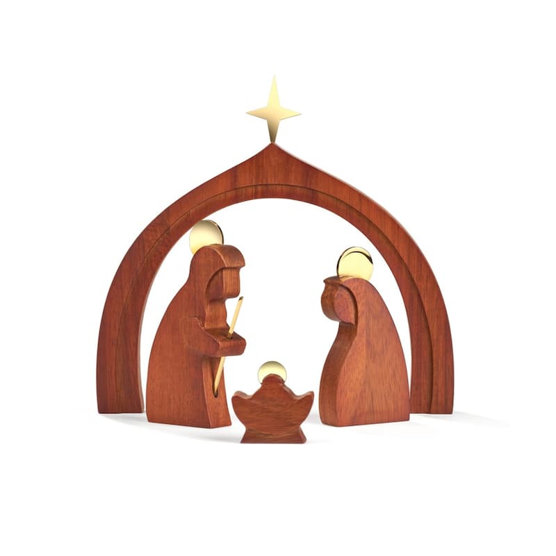 Nambe 4 Piece Set Wood Holy Family Nativity Set - 7.75" W x 7.5" H - Wood - Brown
