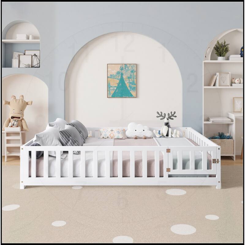 Full Size Floor Platform Bed with Fence and Door - White
