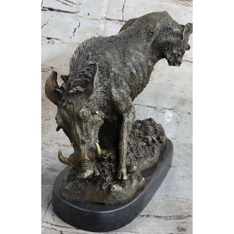 Wild Boar Feral Hog Pig Kicking Hind Legs Bronze Sculpture Statue Figure On Marble Base