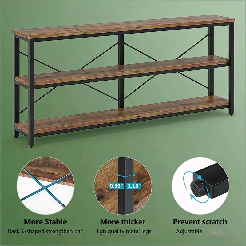 70.8" Rustic 3-Tier Sofa Console Table with Open Shelves and Metal Frame