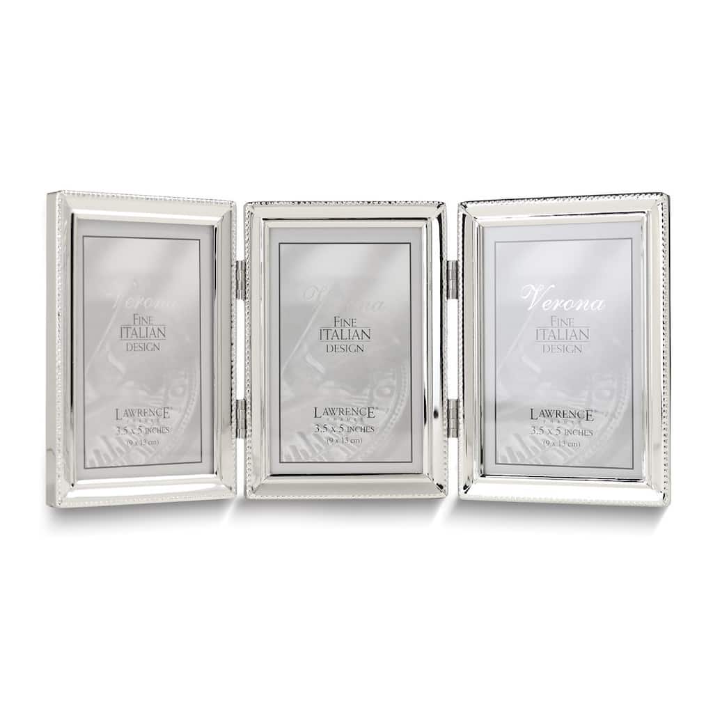 Curata Silver-Tone Portrait Hinged Polished Beaded 3x5 Triple Photo Frame