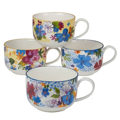Certified International Flower Power Assorted Designs 28 oz. Jumbo Cups, Set of 4