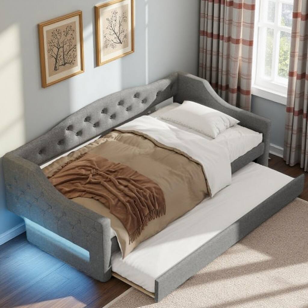 Twin XL Linen Upholstered Daybed with Color-Changing LED Lights and Space-Saving Trundle, Sturdy Frame