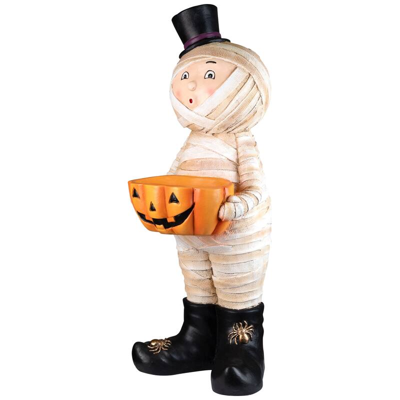 Mummy in Top Hat Holding Jack-O-Lantern Candy Dish Halloween Decoration - 23"